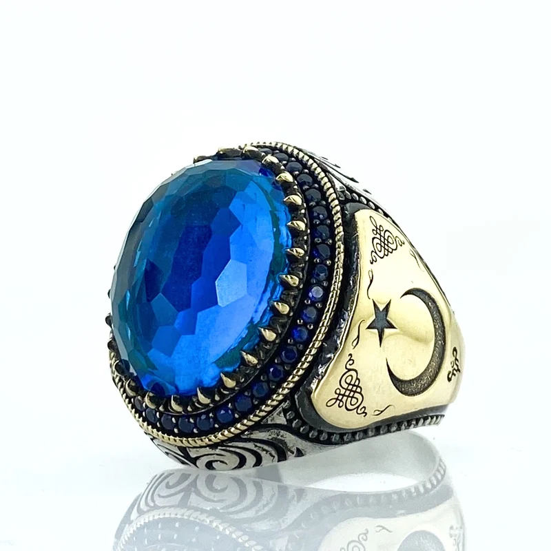 Safir Mavi Topaz Taş Süleyman Mührü Davut yildızi Gümüş Yüzük | Украшения и аксессуары