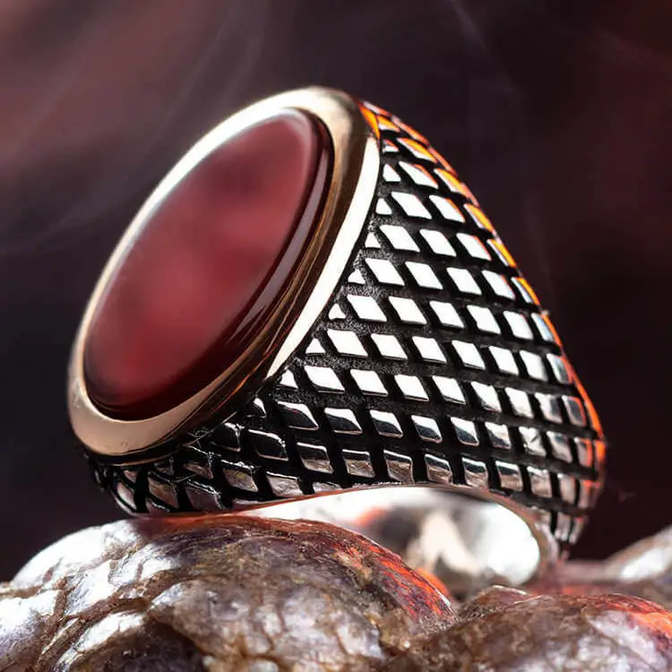 Oval Claret Red Agate Gemstone Plain Model Men Ring Vintage Hand Carved Jewelry 925K Silver For Quality Luxury New Long Lasting
