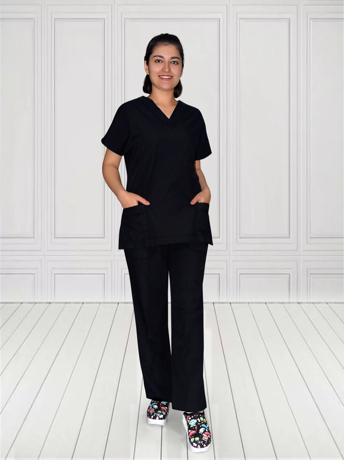 

Nur Orthopedics Black Nursing Uniform Doctor Scrubs hospital Dr. Grey Cotton Polyester Terry cotton Suit (V-neck) top+pants
