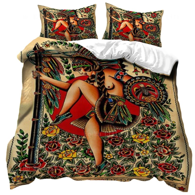 

Tiger Tattoo Collage Dagger Roses Geisha Classic American Traditional Indian Women Old School Style Duvet Cover By Ho Me Lili
