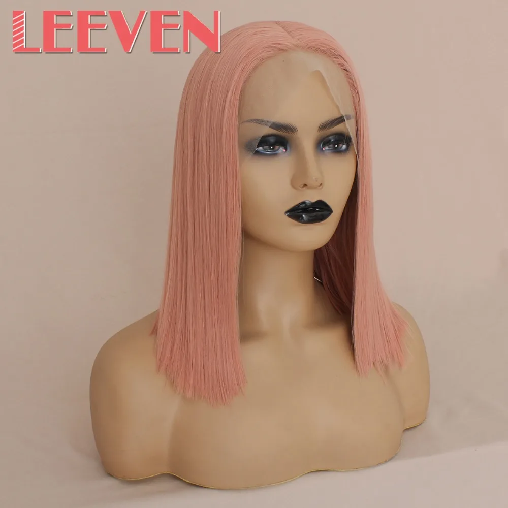 Leeven, 14 дюймов, короткий Боб, кружевные передние парики, розовый, 613 блонд, черные парики, синтетические, шелковистые, прямые волосы, парик для женщин