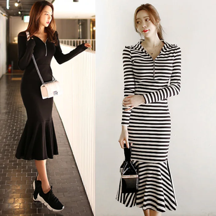 Женское платье Русалка с капюшоном белое/черное в полоску юбкой годе модель OWD195014