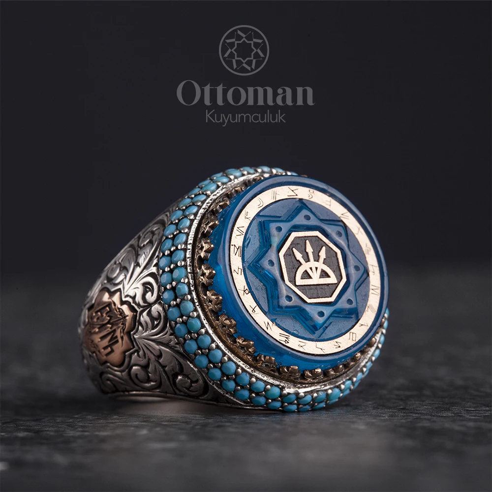 Oguz Kagan Silver Men's Ring, Seljuk Star Carved on Amber and Seal of Oguz Kagan 24 Turkish Oguz Size, Ottoman Jewelry Ring