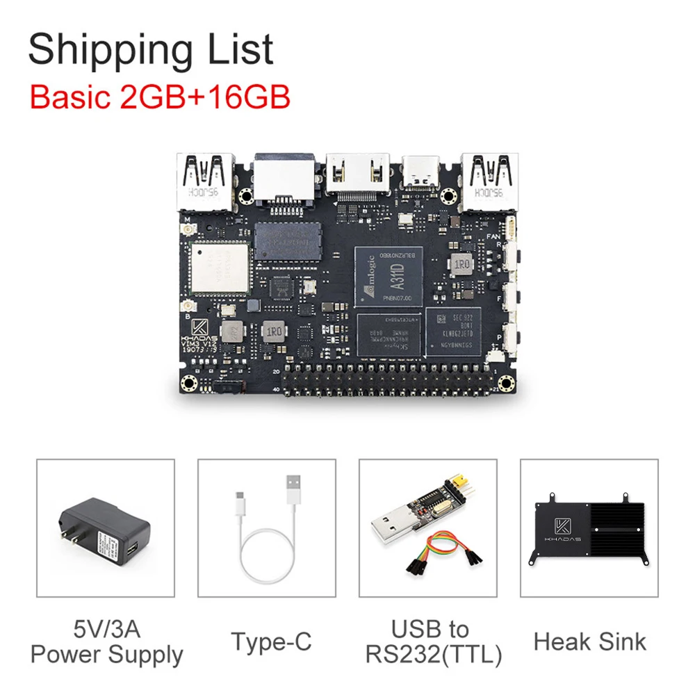 Bundle3 Khadas VIM3 одноплатный компьютер Amlogic A311D с 5,0 топами NPU AI tensorflow x4 Cortex-A73 x2 A53 ядрами SBC android linux - Комплект: Bundle3