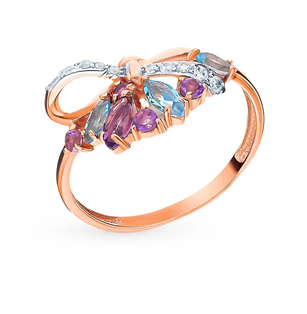 Золотое кольцо с аметистом топазами и фианитами SUNLIGHT проба 585|Кольца| |