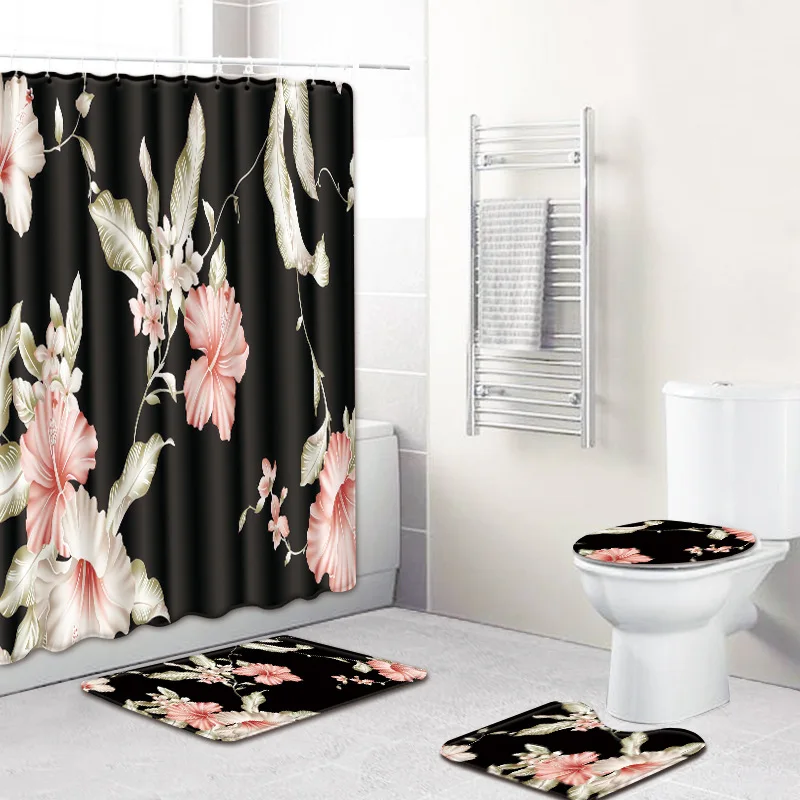 4pcs/set Flower Print Shower Curtain Bath Mat Waterproof Polyester Bathroom Fabric Pedestal Rug Lid Toilet Cover Pad Hook | Дом и сад