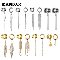 earkuo popular stainless steel square bar chains dangle ear plugs piercing gauges tunnels body jewelry earring stretchers 2pcs