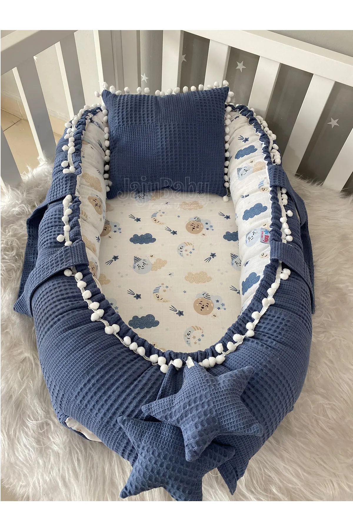 Jaju Baby Special Handmade Denim Waffle Piqué and Muslin Fabric Pompon Babynest Baby Bedding Portable Crib Travel Bed Newborn