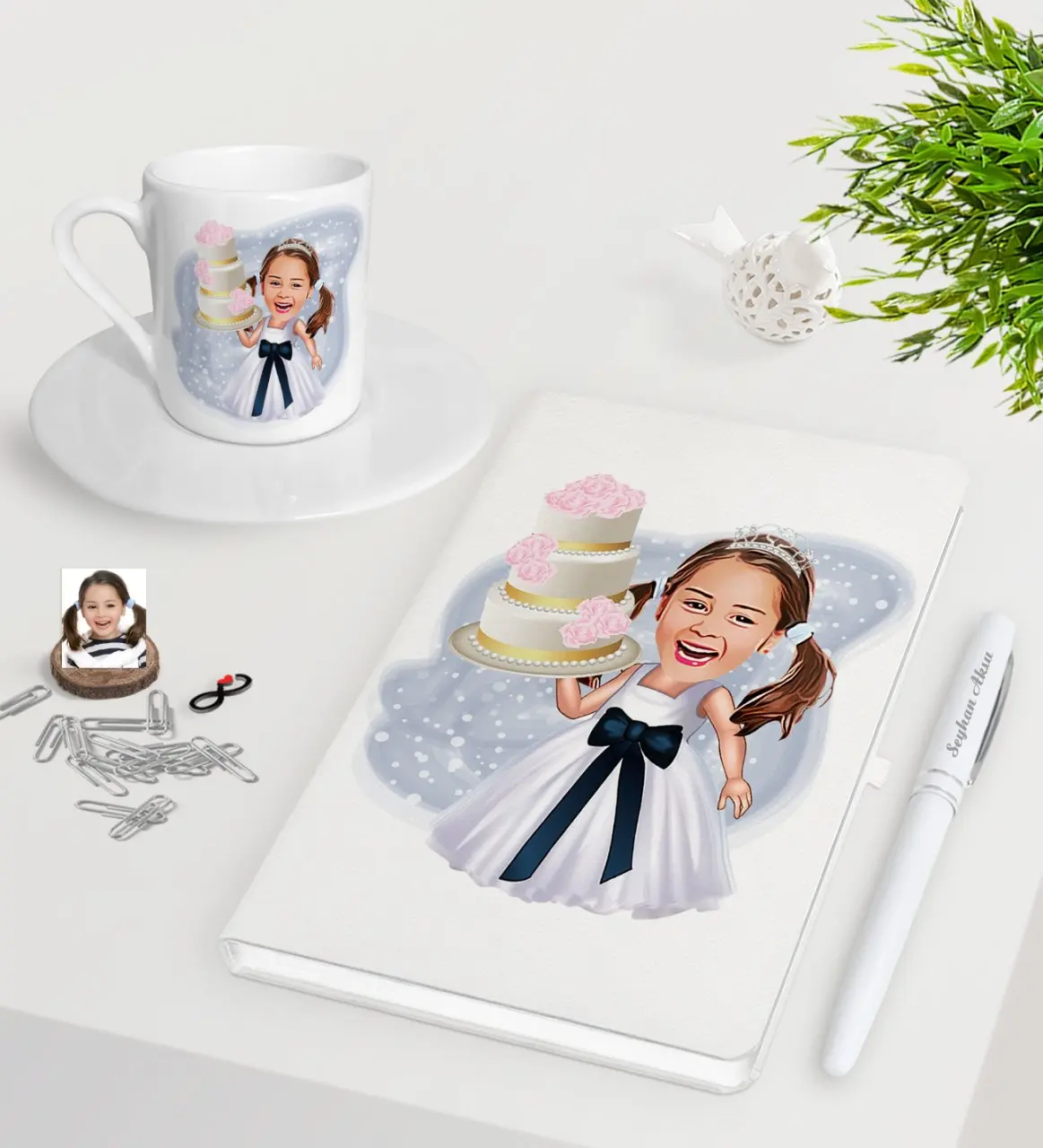 

Персонализированный женский ребенок день рождения карикатура белая ручка для записной книжки чашка для кофе по-турецки Seti-2