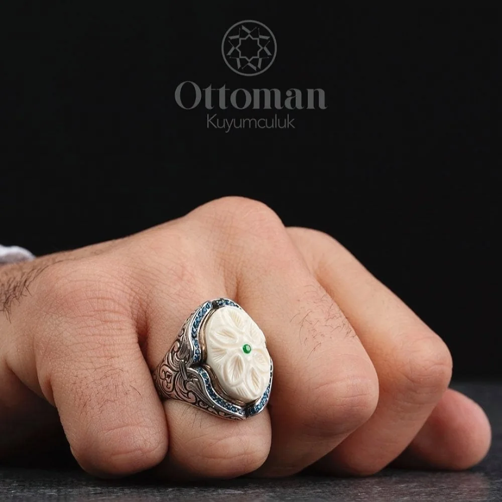 Mother-of-Pearl Sterling Silver Men's Ring The Model is Decorated with Engraving Handmade Blue Topaz Stone and Decorated with