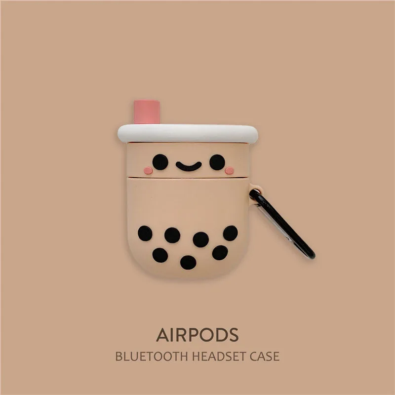 

for AirPods 2/1 AirPods Cover 3D Slim Shockproof Silicone Shell Anti-Fall Cover Charging Cartoon Case with Carabiner Milk Tea