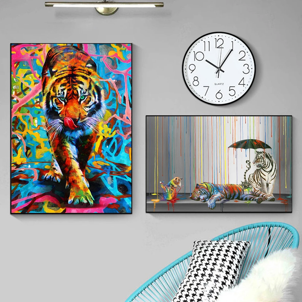 

Abstract Canvas Painting Art Posters Banksy Graffiti Animal Wall Art Prints Tiger Wearing Glasses Leopard Pictures Living Room