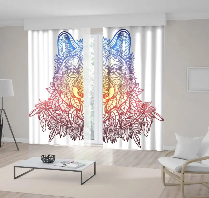 

Curtain Wolf Head Portrait Wild Animal Ethnic Floral Doodle Pattern Coloring Artwork Blue Red Yellow