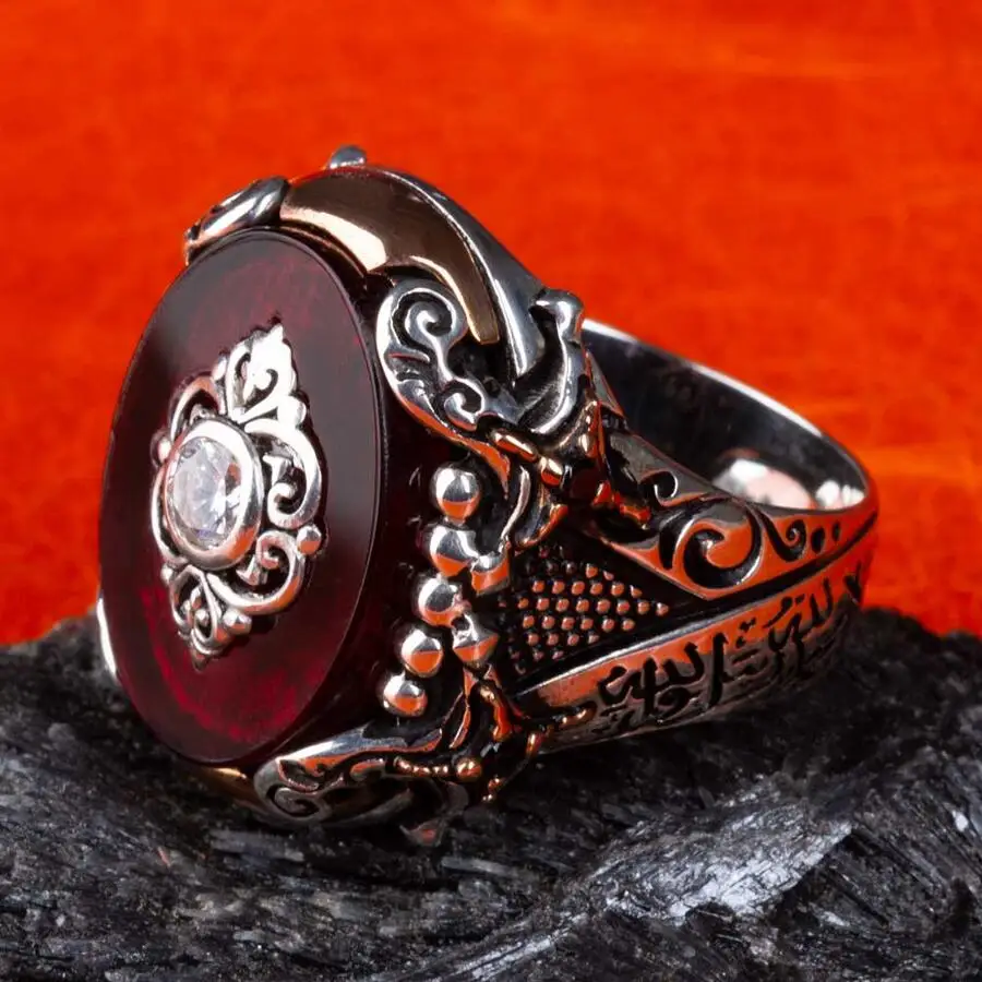 

Silver Claret Red Zircon Gemstone Ring Handcarved Sword Style Ornate Men Jewelry Top Quality Ring Made in Turkey