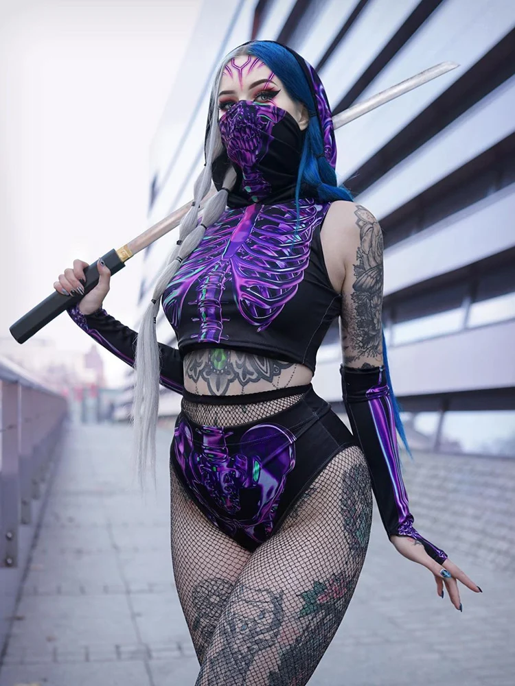 Женская готическая маска на лицо InsDoit фиолетовая толстовка с капюшоном