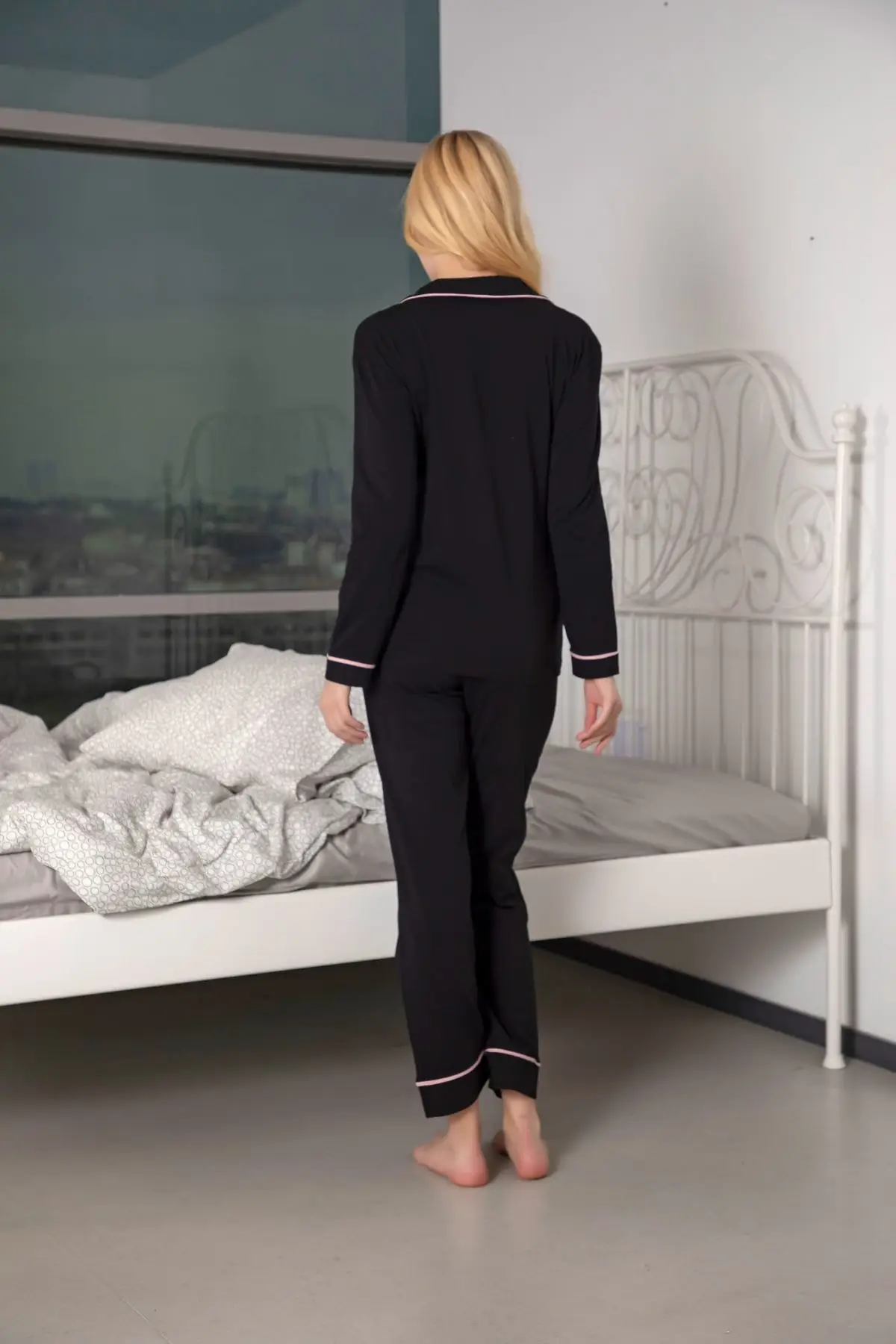 

Huq Moda Siyah Pembe Biyeli Likral Pamuklu Dmeli Pijama Takm Siyah