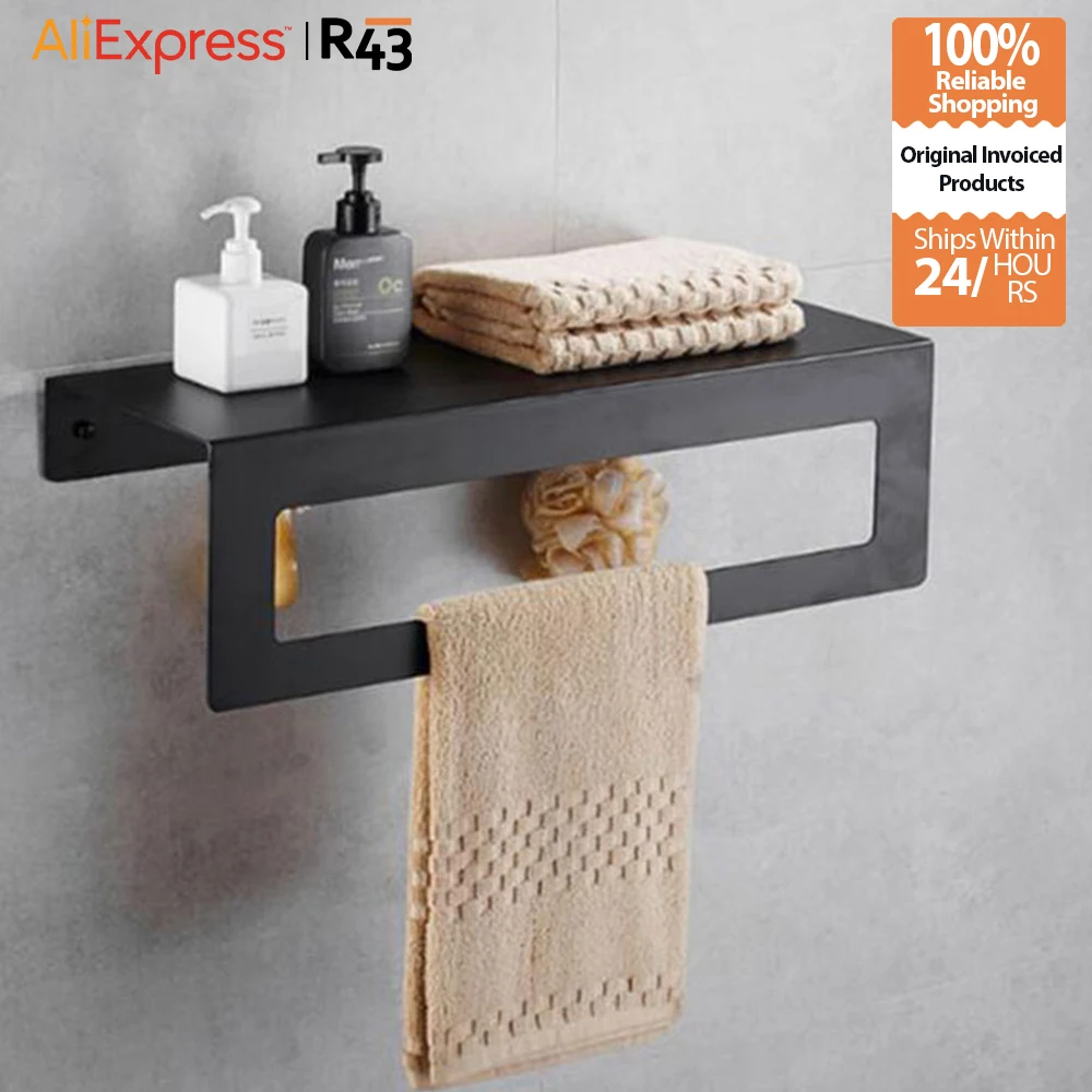 

Towel Holder Wall Mounted Black Aluminum Hanger Portable Kitchen Bathroom With Shelves Modern Style Bathroom Accessories