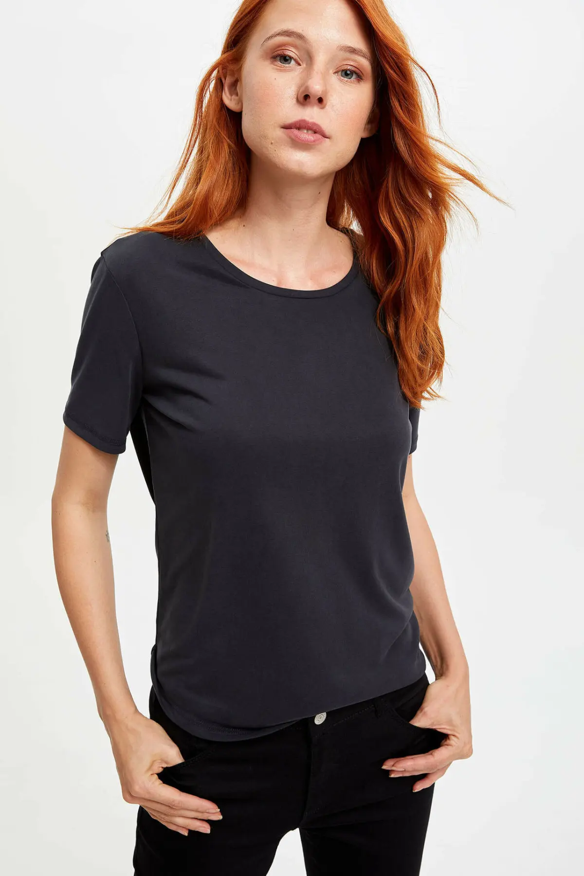 DeFacto женская повседневная черная футболка с коротким рукавом летняя хлопковая