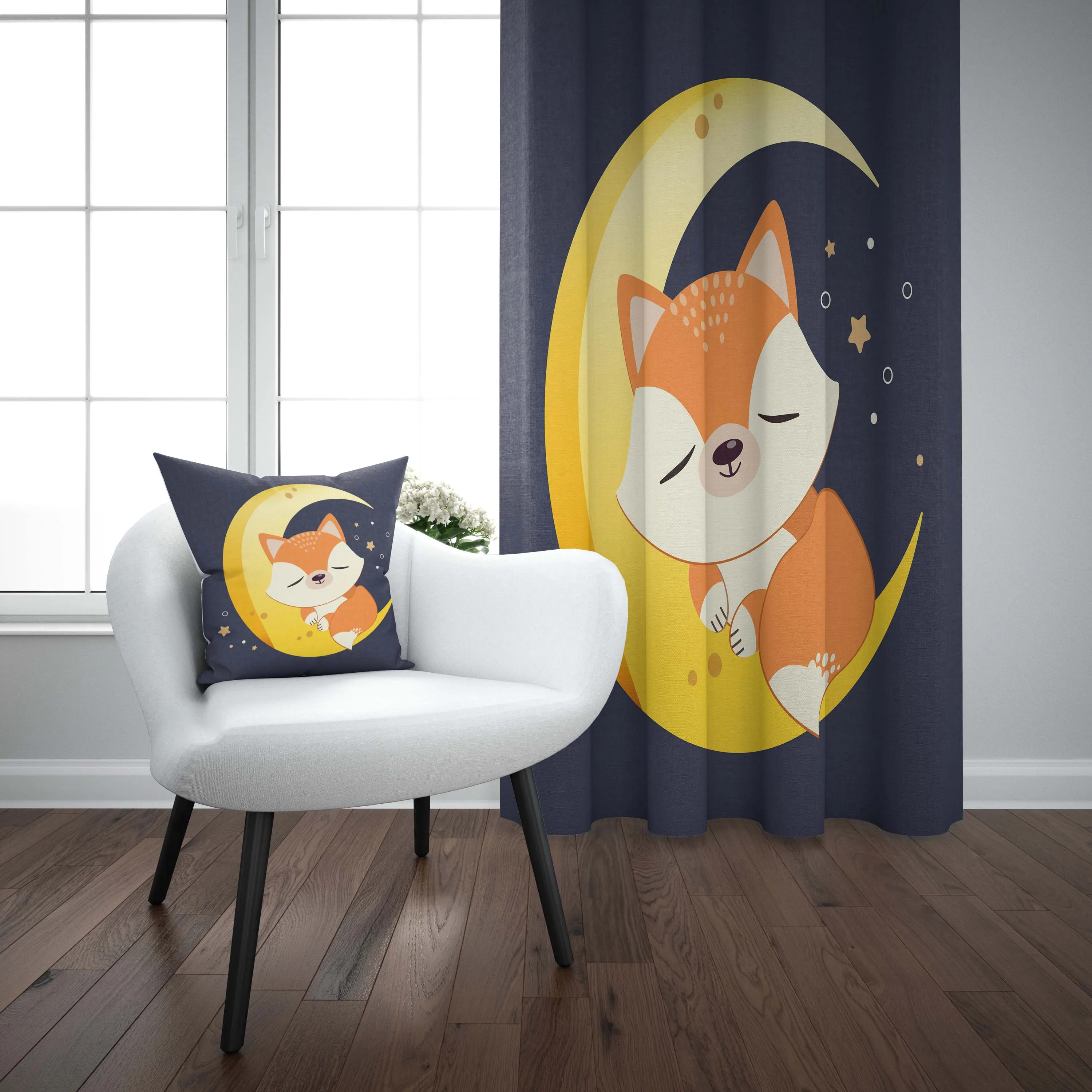 Детский чехол-занавеска С 3D-принтом в виде синего неба желтой Луны спящей лисы |