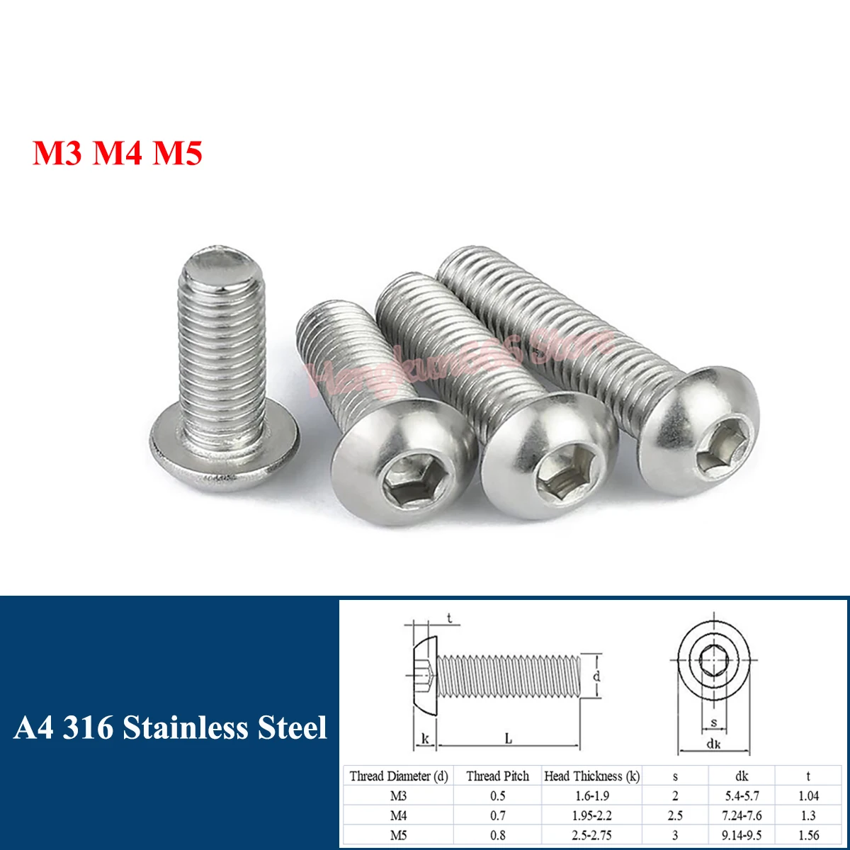 

M3 M4 M5 Hexagon Hex Socket Button Head Screws ISO7380 Round Allen Screw Bolts A4 Stainless Steel 316 Marine Grade