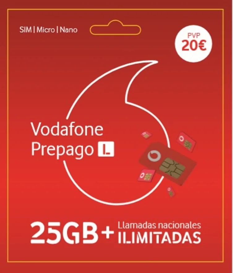 SIM VODAFONE PREPAGO L 25 Гб + ILIMITADAS ESPAÑA 5G mаxima velocdad Roaming incluido en Europa y EE.UU. Acumula GB minutos.|SIM-карты для