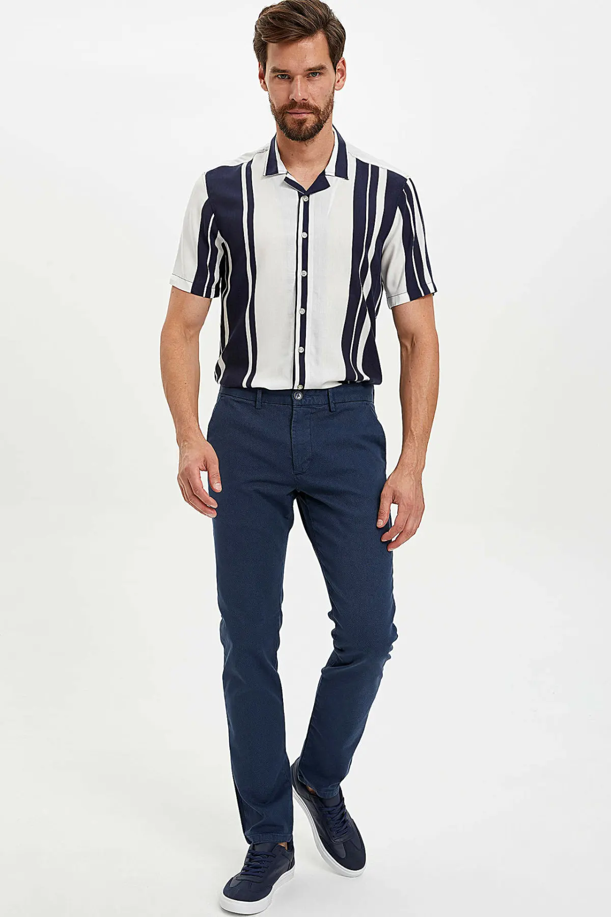 Дефакто модная мужская рубашка с коротким рукавом повседневная полосатая