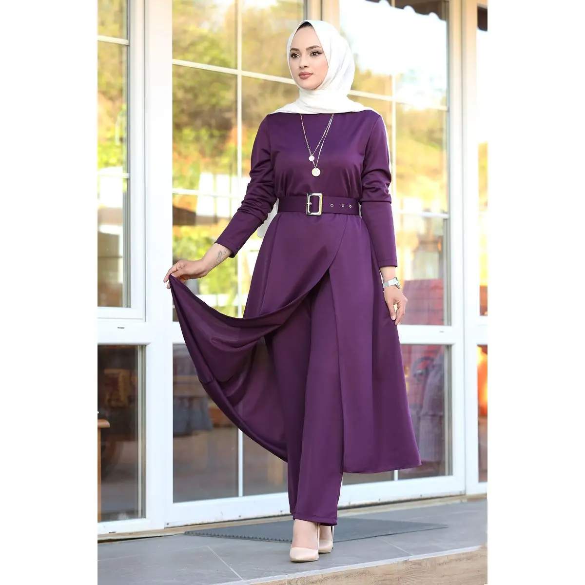 

Женский комплект из 2 предметов, юбка на пуговицах с ремнем и объемной юбкой, большой размер, мусульманская Мода, Турция 2021