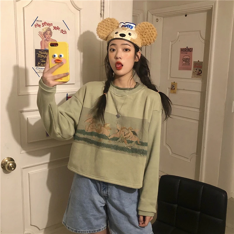 Ангелы мультфильм печати Harajuku Осень и зима толстый женский укороченный свитер корейский стиль свободный негабаритный пуловер