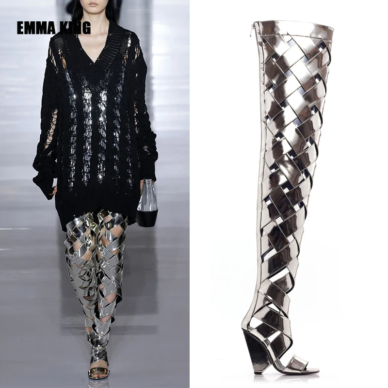 Женские кожаные сапоги выше колена из лакированной кожи с вырезами обувь для