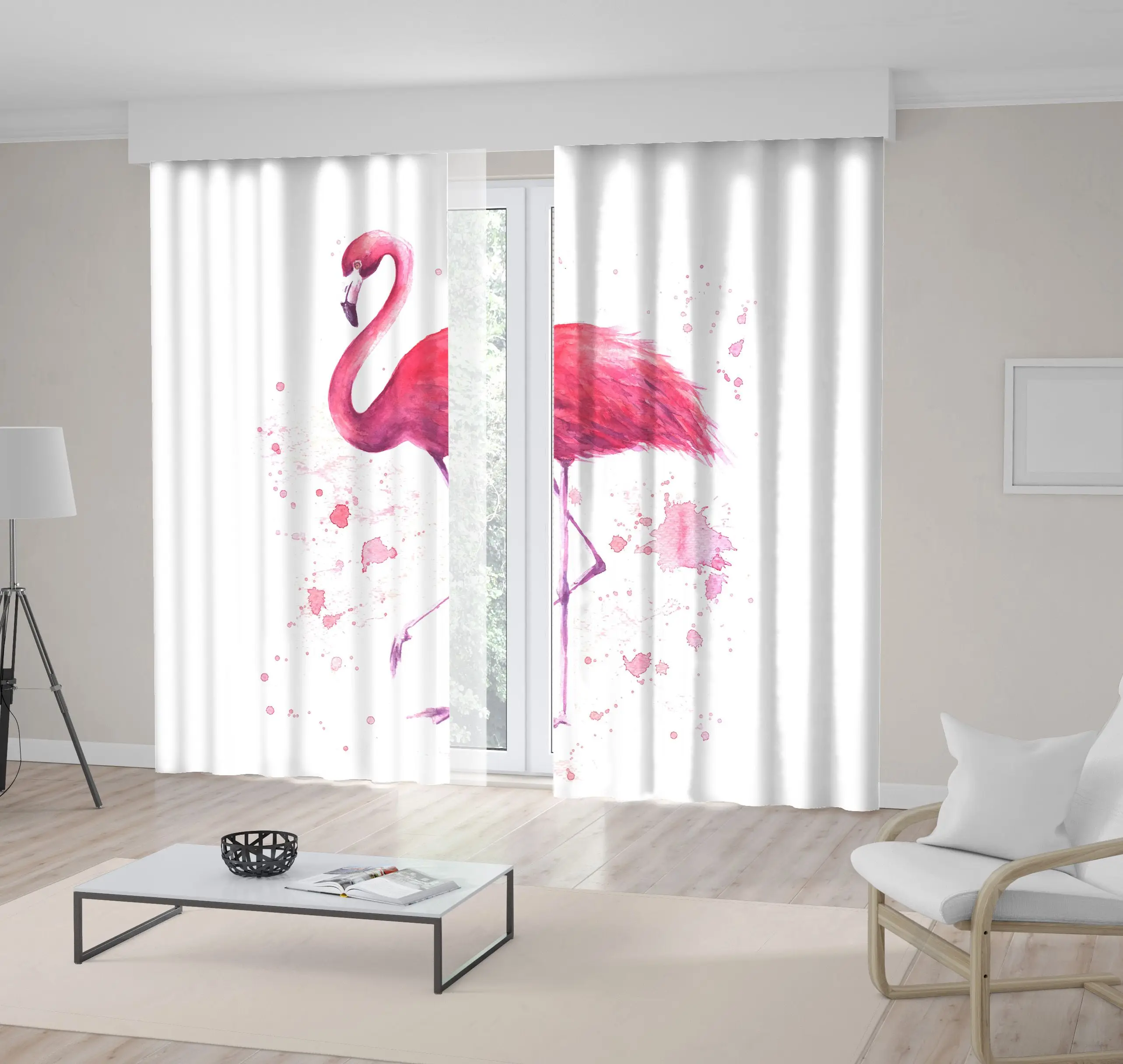 Занавеска тропическая экзотическая птица роза с розовым Фламинго акварельные