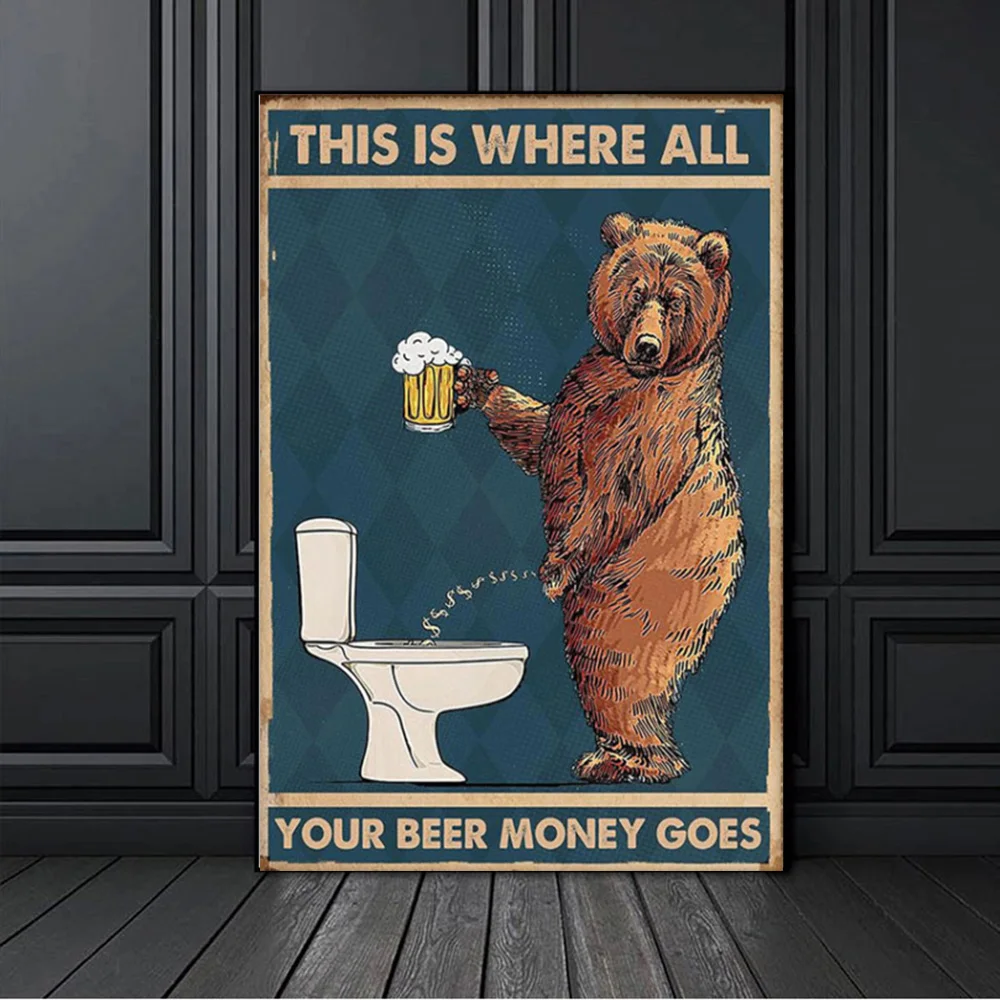 

Grumpy Bear Drinking Beer To The Bathroom Canvas Painting Poster and Prints Abstract Wall Art Picture Living Room Decor Cuadros