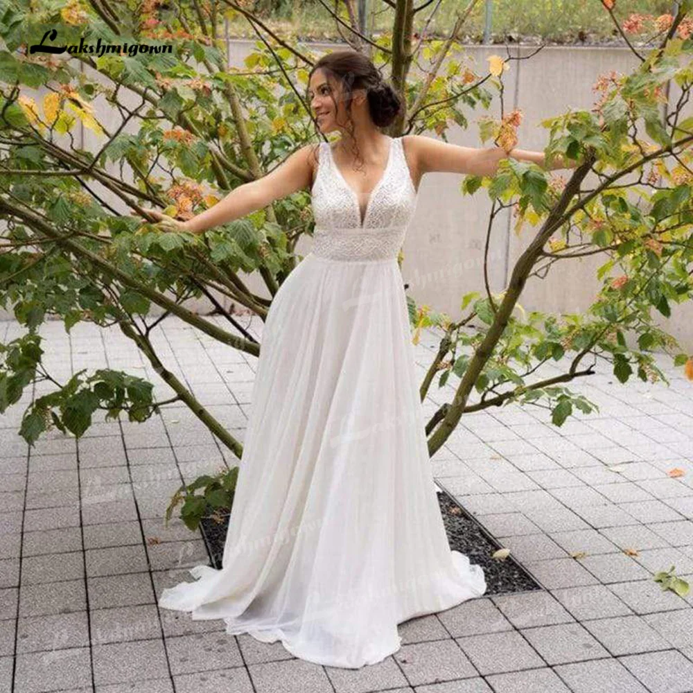 

Boho Chiffon A-Line Wedding Dresses V-Neck Sleeveless Open Back Sweep/Brush Train Bride Gowns vestidos elegantes para mujer