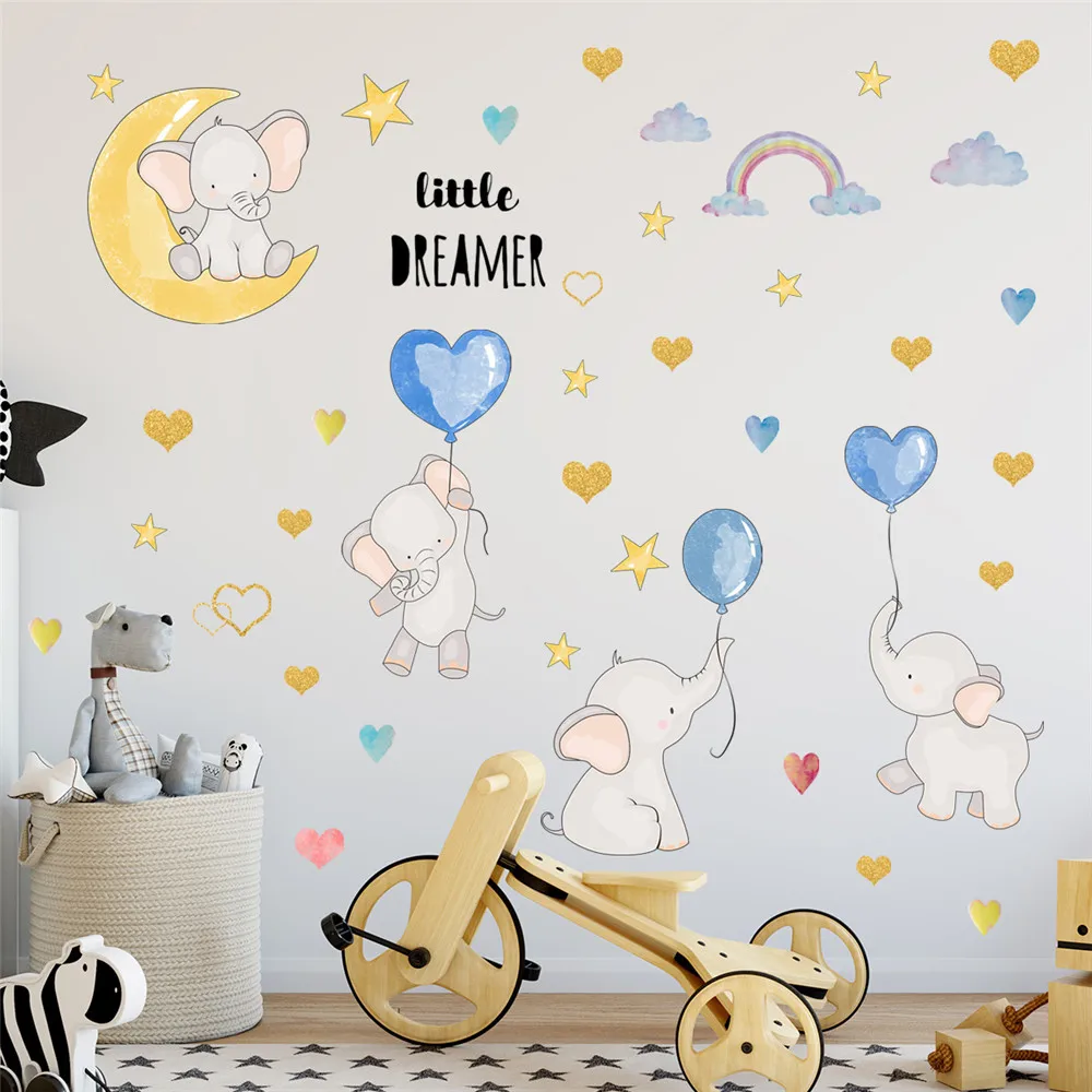 Little Dreamer Wall Sticker Elephant Calf Dark Cloud Rainbow Wallpaper For Kids Room Nursery Peel&Stick Balloon Home Decor Decal