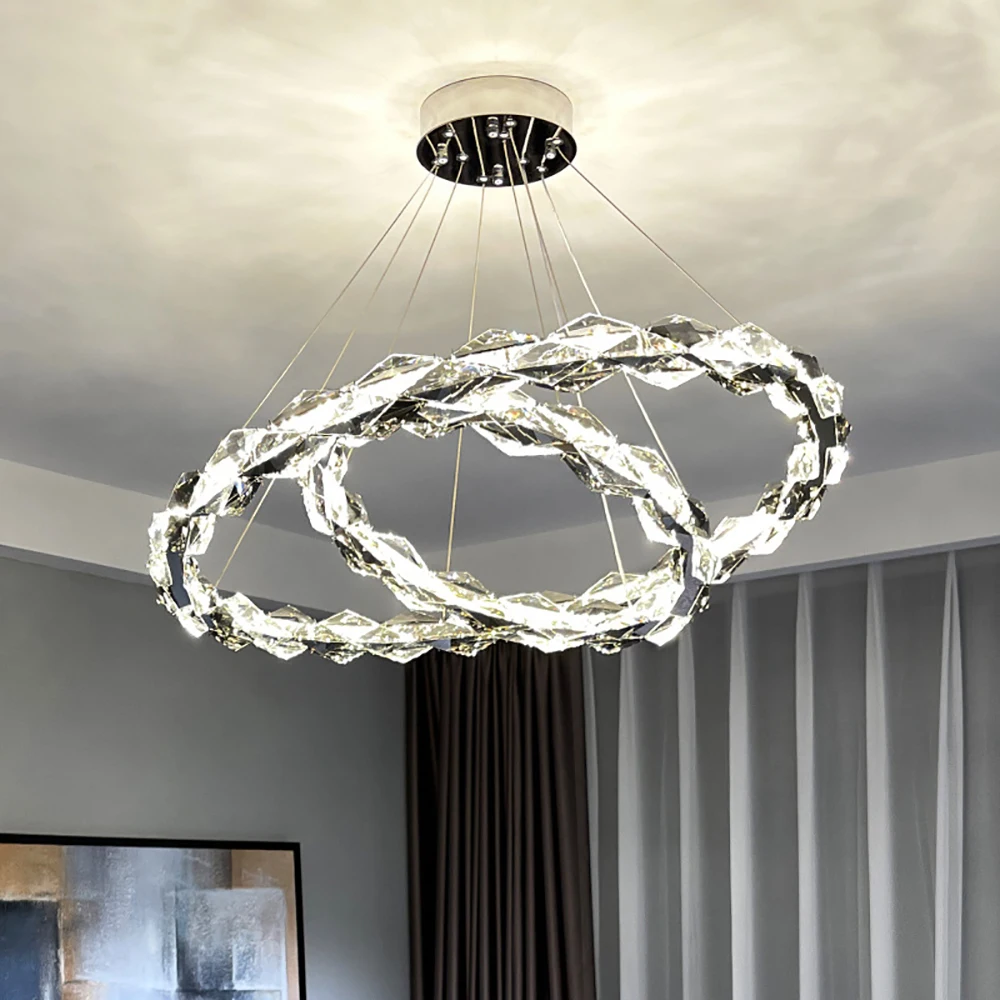 

Modern Creative Circle LED Chandelier Chrome Gray Rhombus Crystal Hanging Lamp For Living Room Lobby Hotel Poyer Light Fixtures