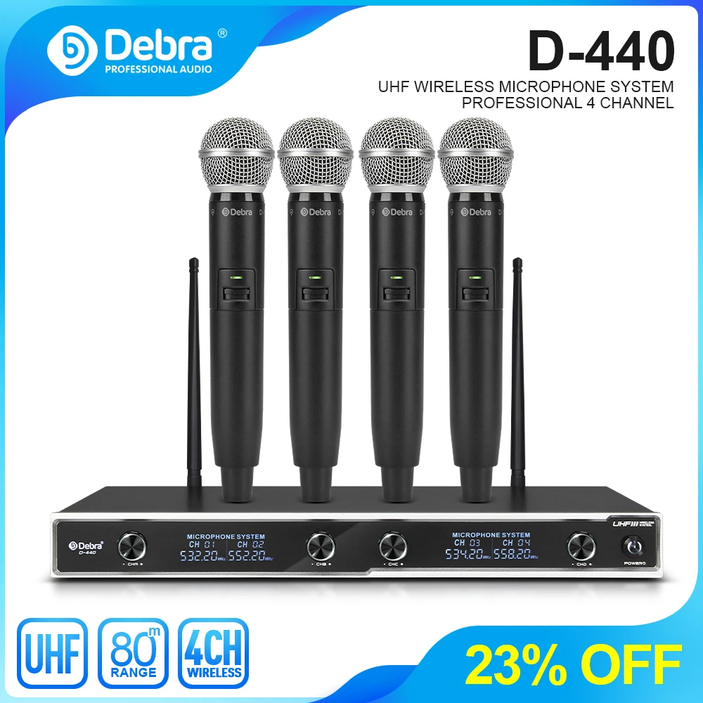

Беспроводная микрофонная система Debra D-440, 4 канала, UHF, с 4 портативными микрофонами для семейных торжеств, лекций