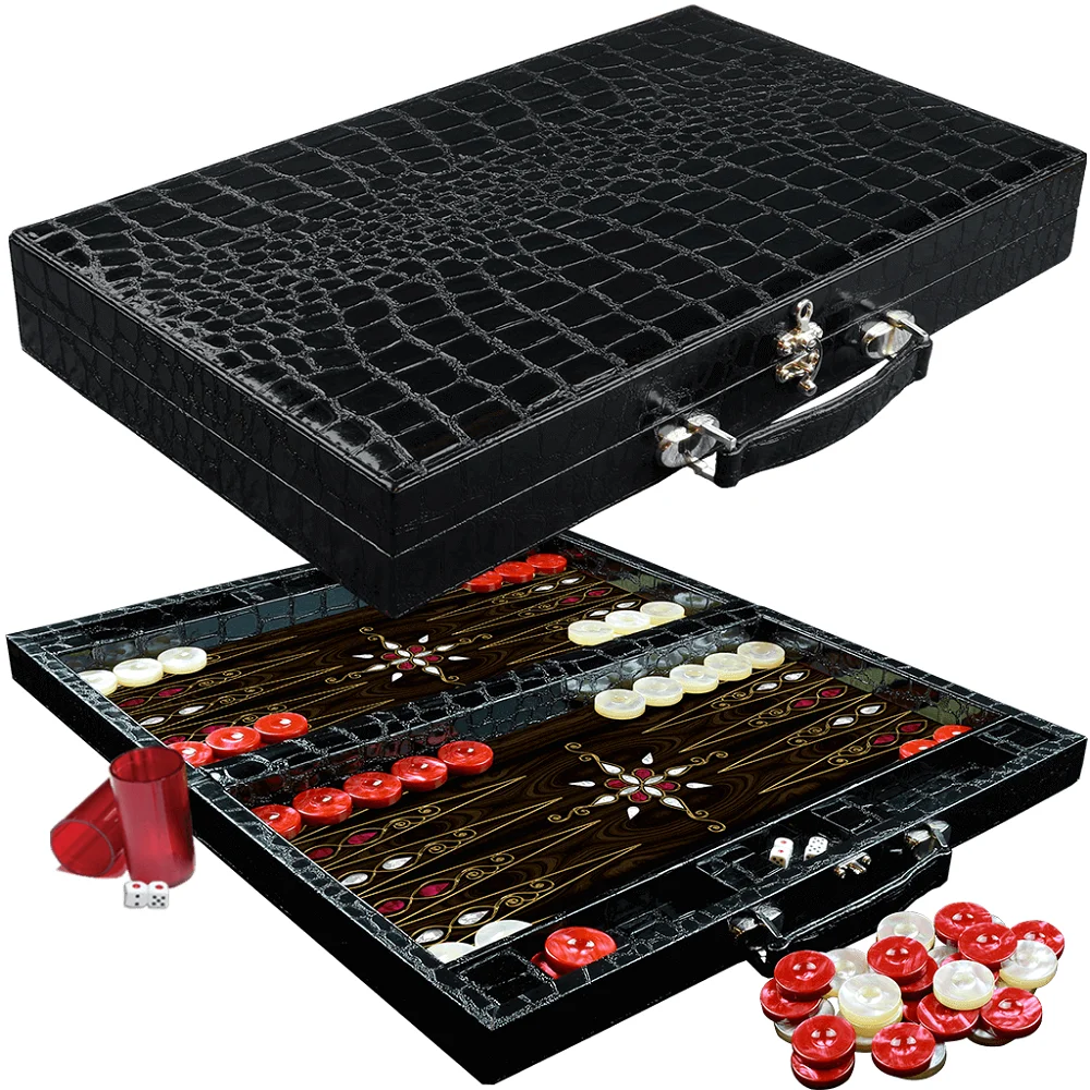 Кожаный роскошный деревянный набор Backgammon XXL черный кожаный ориентир с ручкой