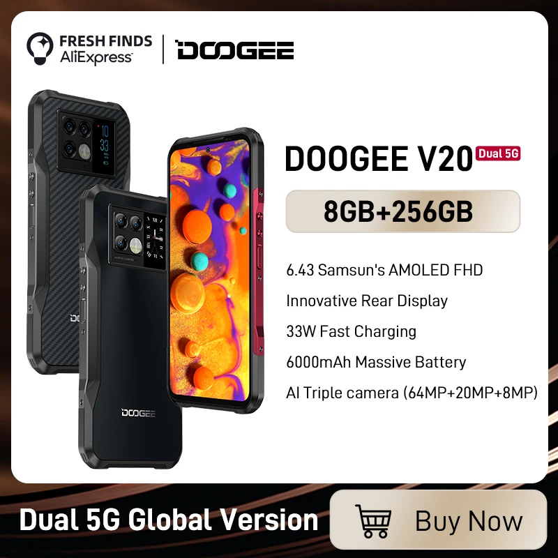 

[World Premiere] DOOGEE V20 5G 6.43"FHD AMOLED Display Innovative Rear Display Rugged Phone 8+256GB 64MP Camera 6000mAh