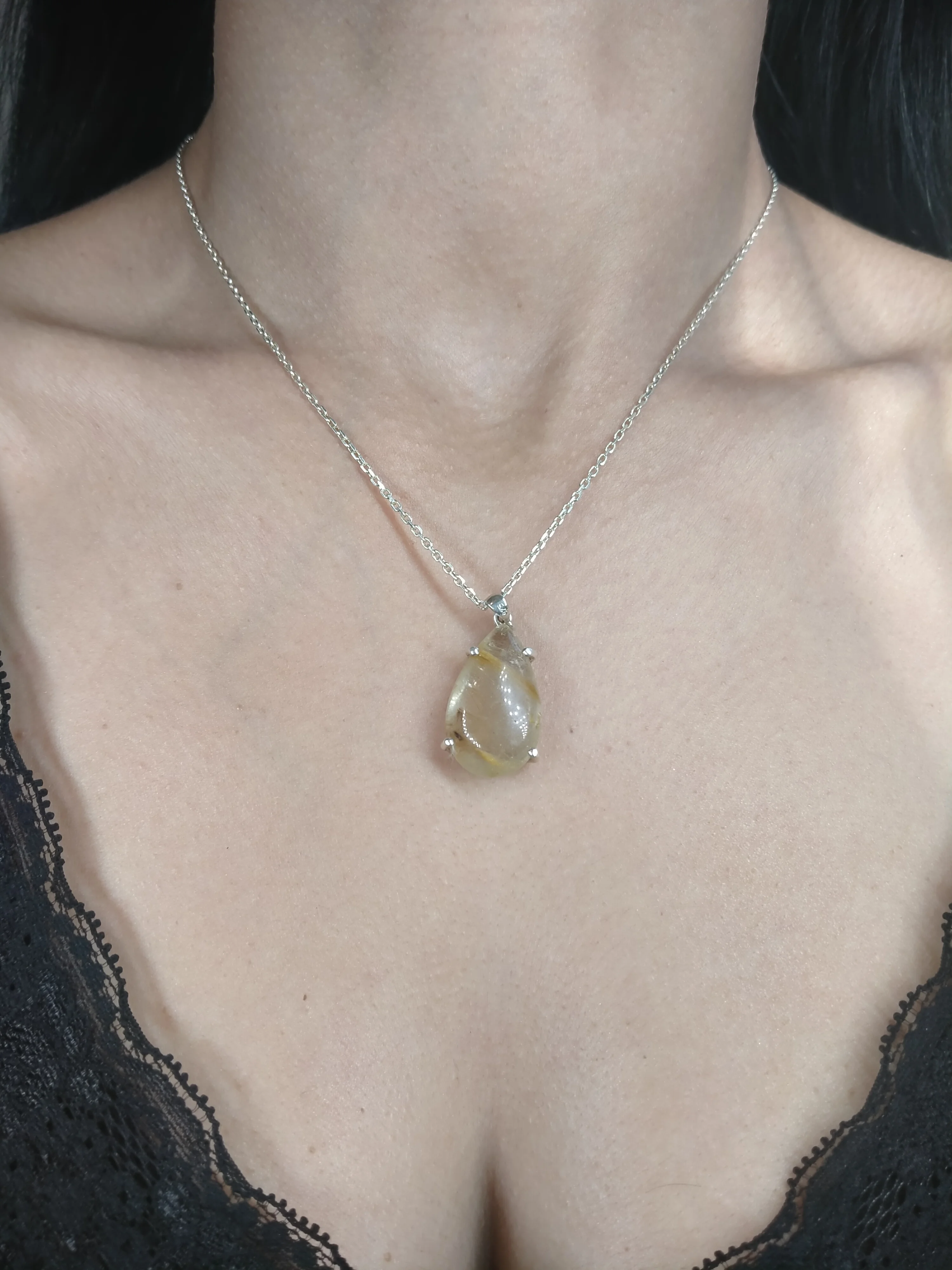 

Minimalist Gold Rutilated Quartz Necklace, April Birthstone Jewelry, Natural Drop Shaped Dainty Pandent, Silver Necklace, Pendan