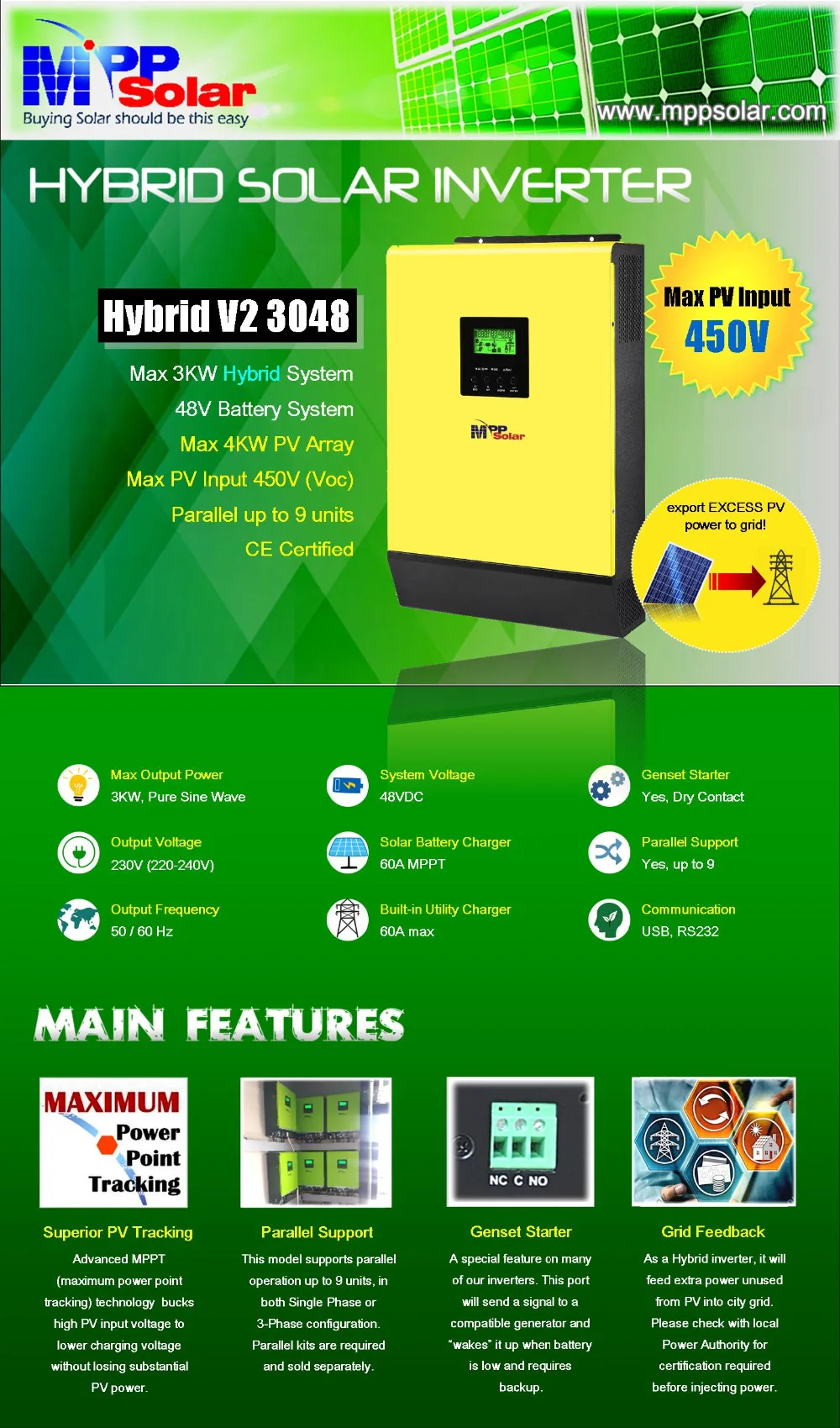 HV) гибридный солнечный инвертор 3000w 48v 230vac высокое PV вход 450Vdc 60A со слежением за максимальной точкой мощности солнечное зарядное устройство 60A зарядное устройство решетчатая Объединенная инвертор