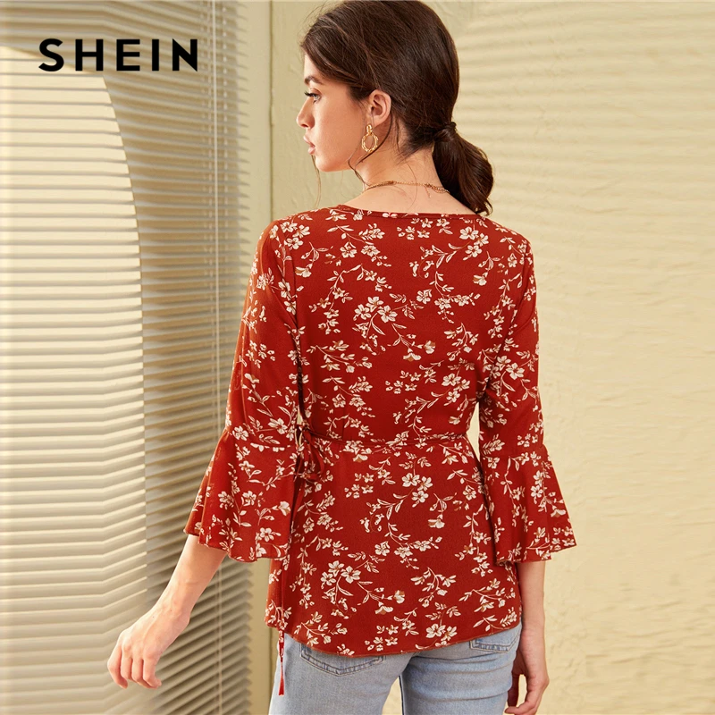 SHEIN V шеи Ditsy цветочный принт Узелок Бохо Вязаная блуза с запахом женские топы осенний праздничный рукав-Волан дамские облегающие блузки