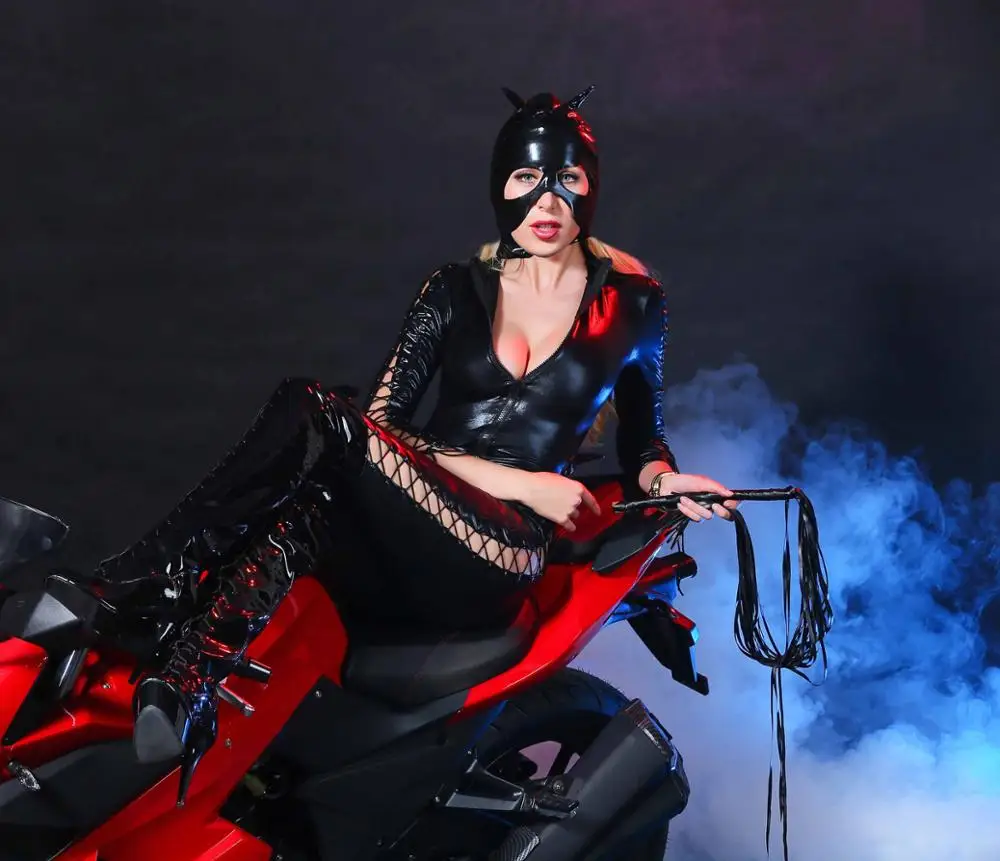 LinMe Женская лакированная кожа Unitard молния спереди Wetlook глубокий v-образный вырез