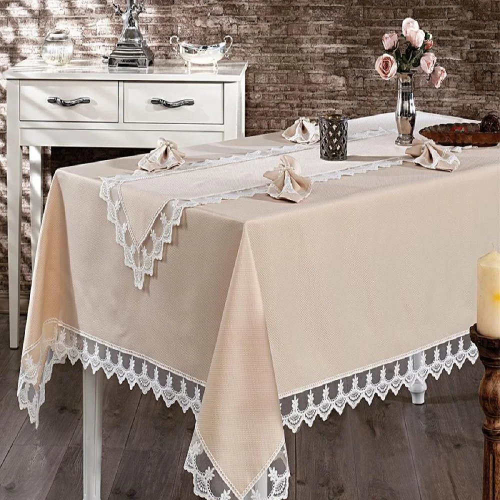 

26 pcs Luxurious Table Cloth Set Made in Turkey ECRU Embroideried Lace Tablecloths Rectangle Table Runners Ring Dinner Napkin