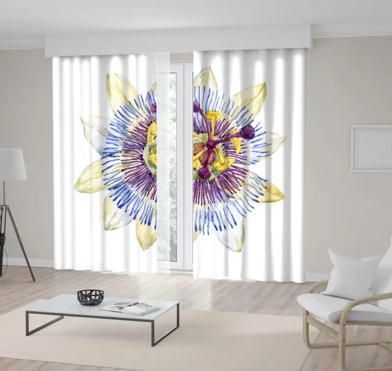 

Curtain Passion Flower Nature Summer Bloom Floral Abstract Artwork Printed Beige Blue Purple