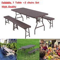 High Quality Portable Foldable Table+2 Benches Set HDPE Plastic Plate+Steel Frame Outdoor Waterproof For Garden Party Picnic BBQ