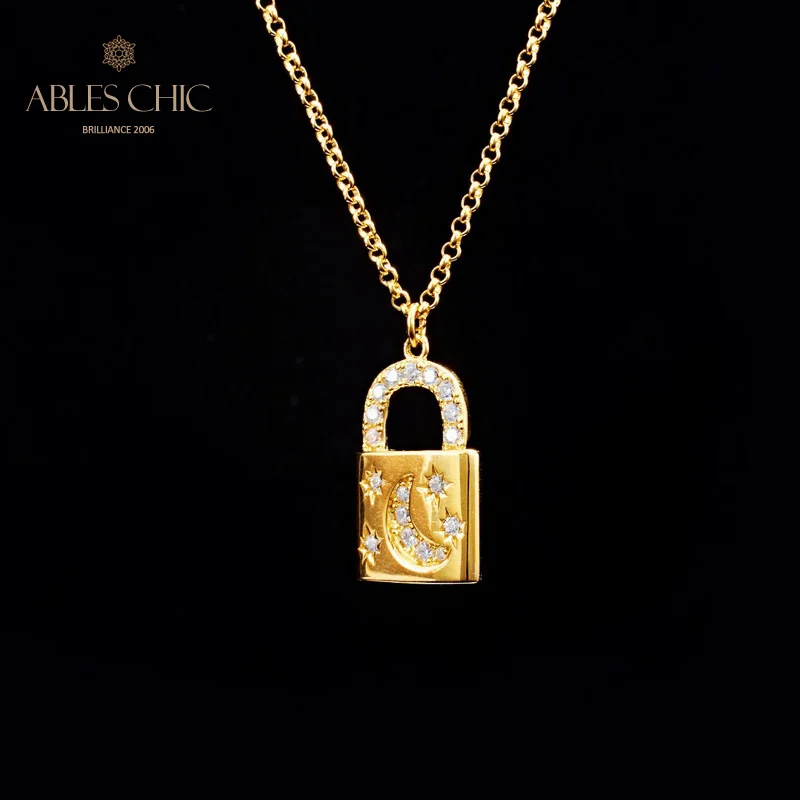 Solid 925 Silver Padlock Pendant 18K Gold Tone Minimalist Zircon Paved Wedding Necklace C11N3S25827