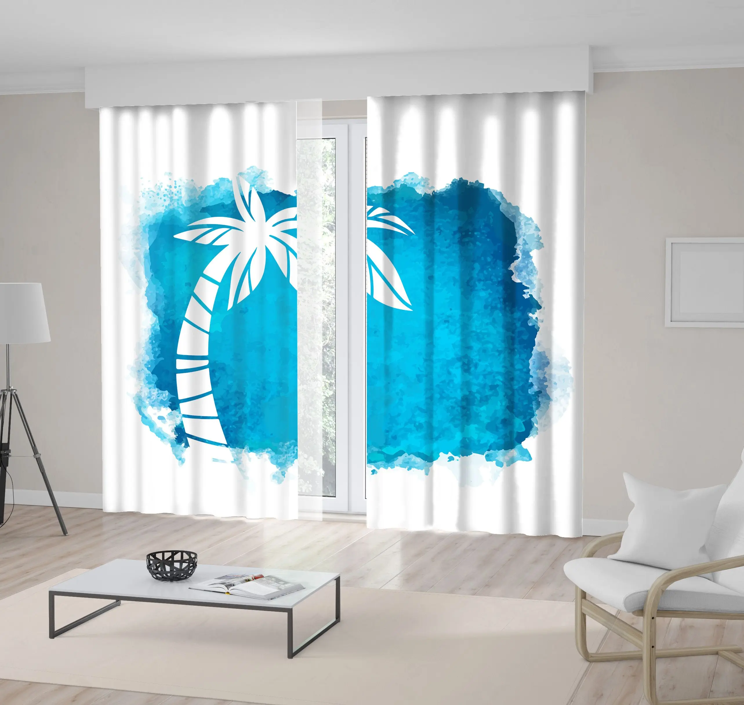 

Curtain Coconut Palm Tree and Ocean Tropical Summer Beach Holidays Watercolor Painting Artwork Blue White
