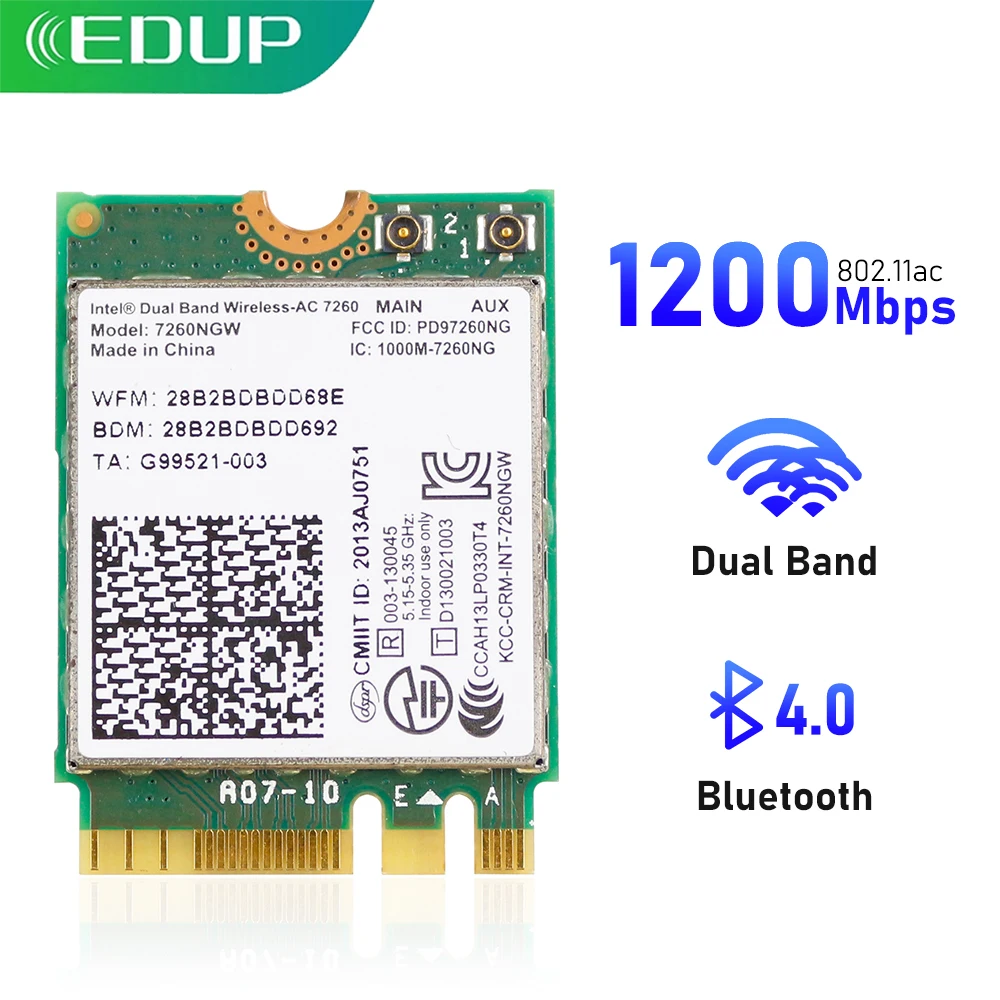 

Беспроводная сетевая карта EDUP 1200 Мбит/с Intel N7260 PCIE Wi-Fi 2,4 ГГц/5 ГГц двухдиапазонный Bluetooth 4,0 M.2 интерфейс Wi-Fi адаптер для ПК