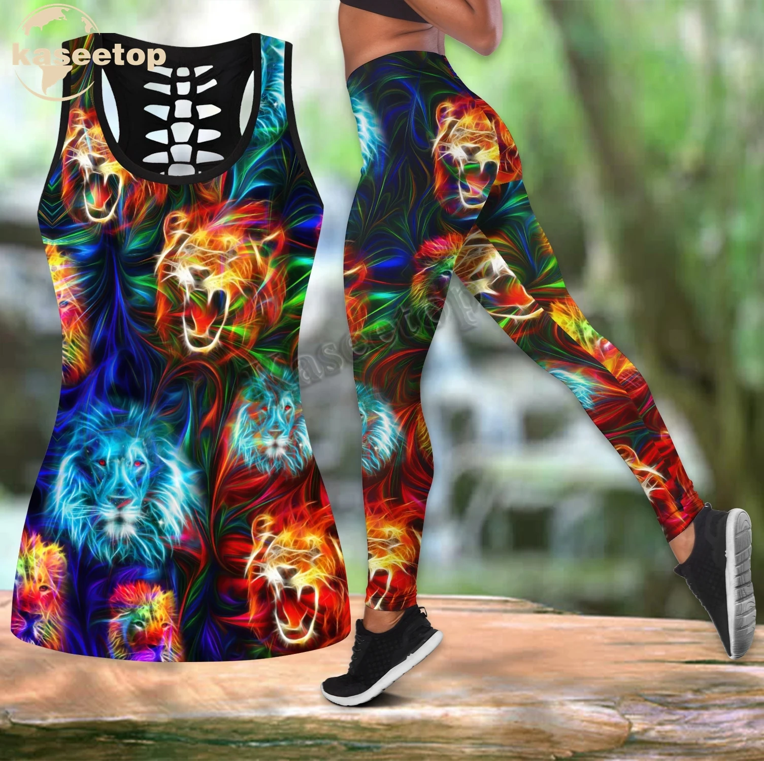 

Hippe Lion Tank Top 3D Print Women Two Piece Yoga Set Vest Hollow Combo Tank Top Legging Waist Sport Fitness Quick Dry LK272