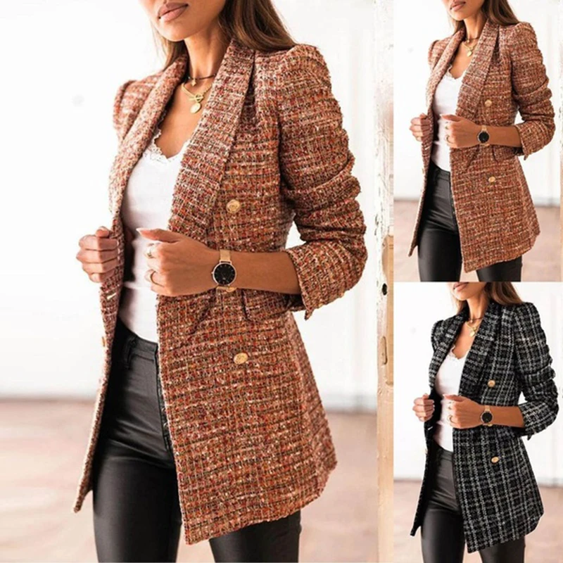 

Women 2021 Fashion Texture Double Breasted Woolen Check Blazer Coat Vintage Long Sleeve Flap Pockets Female Outerwear Chic Veste