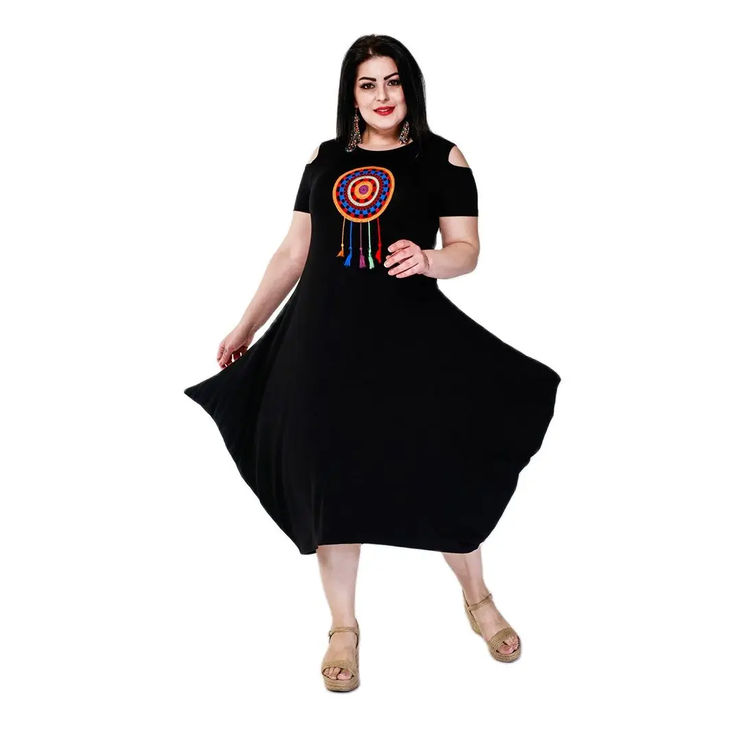 Women’s Plus Size Colorful Embroidery Off Shoulder Asymmetrical Black Dress, Designed and Made in Turkey, New Arrival